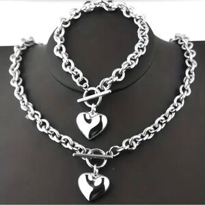 Stainless Steel Heart Pendant Necklace & Bracelet Set